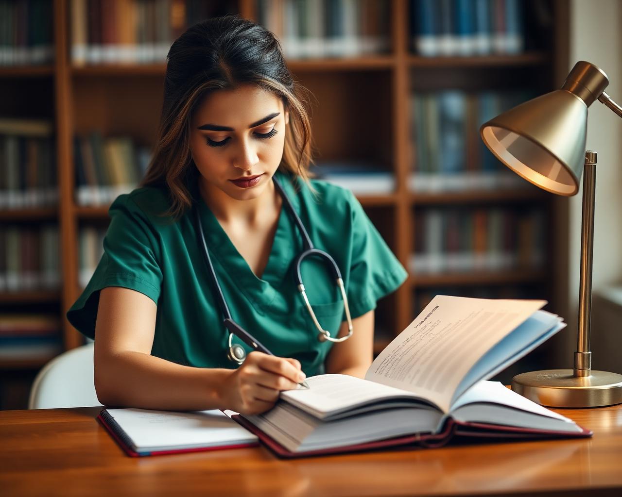 Estudante de Medicina estudando em uma biblioteca