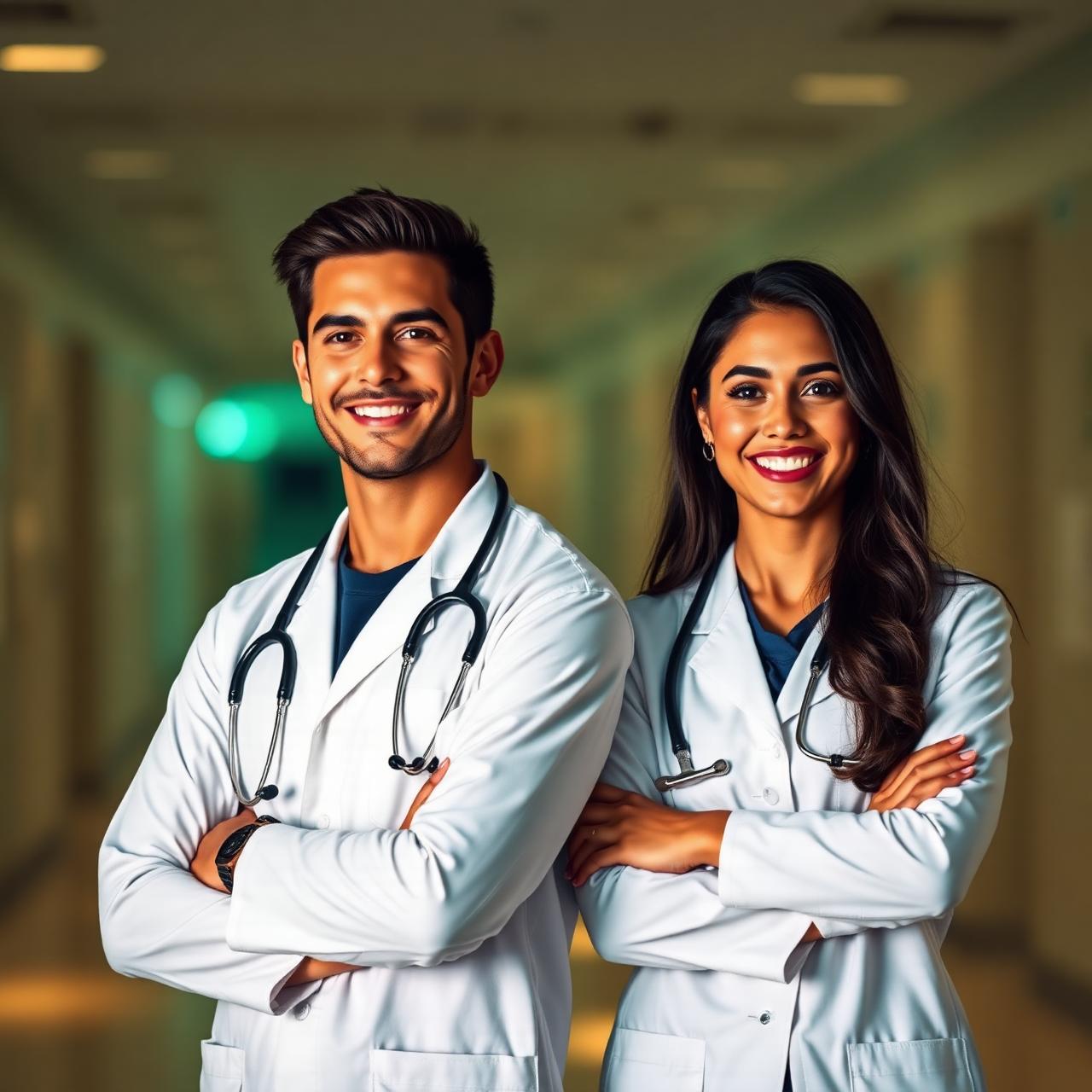 Dois estudantes de Medicina sorrindo, com jalecos brancos e estetoscópios