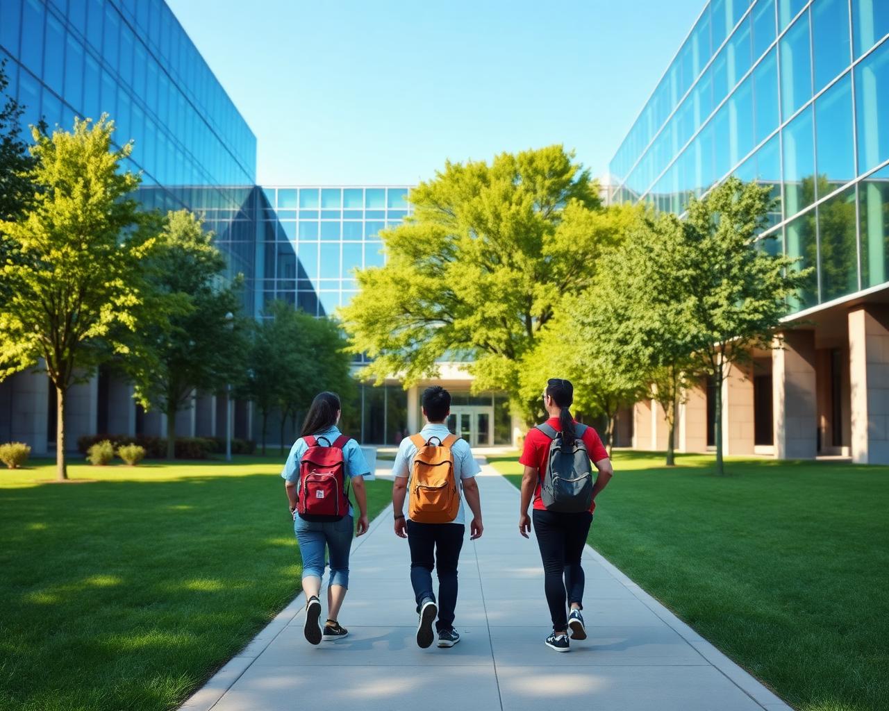Estudantes caminhando no campus universitário